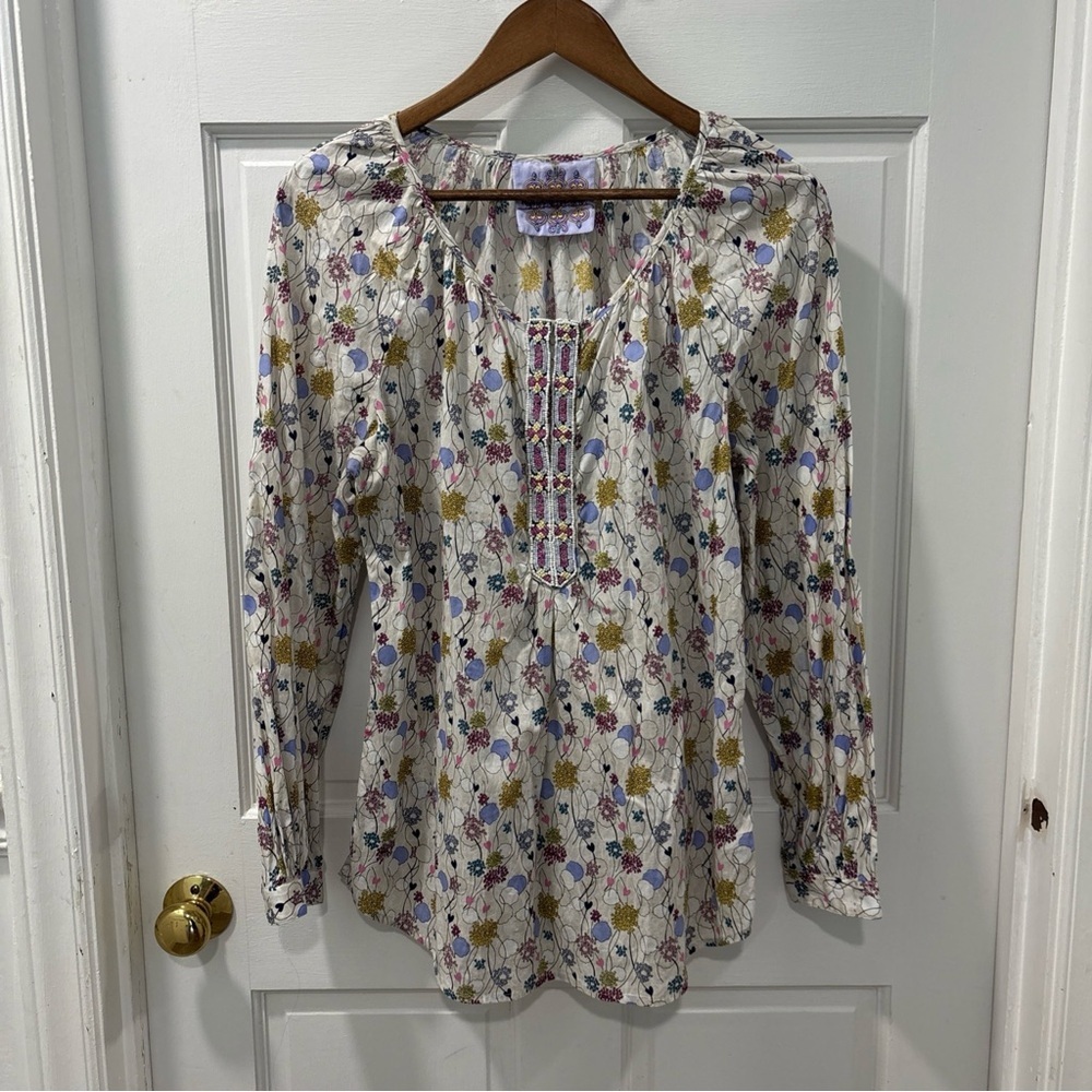 Robert Graham Women’s Floral Beaded Blouse Size Large Long Sleeve Cotton/Silk